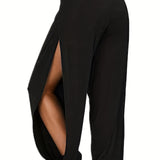 kkboxly  Solid Split Pants, Casual High Waist Long Length Pants For Spring & Summer, Women's Clothing