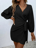 kkboxly  Solid Surplice Neck Dress, Elegant Lantern Sleeve Tie Side Dress, Women's Clothing