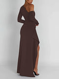 kkboxly  Solid One-shoulder Split Hem Dress, Elegant Long Sleeve Ruffle Trim Slim Dress For Party & Banquet, Women's Clothing