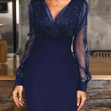2025 kkboxly  Solid Sequin Stitching Lace Long Sleeve Dress, Elegant Mesh Slim Sexy Party Dress, Women's Clothing