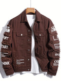 kkboxly  Letter Print Denim Jacket, Men's Casual Chic Lapel Chest Pocket Jacket