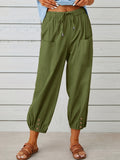 kkboxly  Plus Size Casual Pants, Women's Plus Solid Bow Knot Elastic Button Decor Pants With Pockets