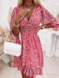 Kkboxly  Women's Dresses Puff Sleeve Floral Print Ruched Waist V-Neck Boho Dresses