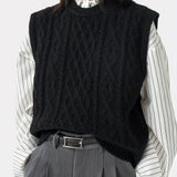 Solid Chunky Knitted Sweater Vest, Vintage Crew Neck Sweater Vest For Fall & Winter, Women's Clothing