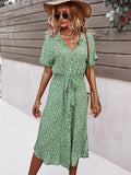 kkboxly  Sexy Floral Print Dress, Casual Short Sleeve V-neck Waist Belt Button Spring & Summer Dresses, Women's Clothing