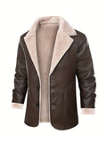kkboxly Men's Stylish Solid Faux Leather Jacket With Pockets, Active Slightly Stretch Breathable Lapel Zip Up Long Sleeve Fleece Jacket  For Hiking Jogging Cycling Outdoor Fitness Workout
