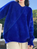 Solid Crew Neck Fleece Pullover Sweater, Casual Long Sleeve Cozy Loose Sweater, Women's Clothing