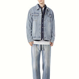 kkboxly kkboxly  Men's Outfit Set, Lapel Long Sleeve Vintage Style Denim Jacket And Pants, 2-piece Set For City Walk Street Hanging Outdoor Activities