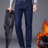 kkboxly  Men's Stylish Loose Fleece Denim Pants With Pockets, Active Breathable Comfy Mid Stretch Straight Leg Trousers For City Walk Street Hanging Outdoor Activities