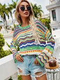 kkboxly  Hollow Striped Knit Sweater, Casual Crew Neck Long Sleeve Sweater, Women's Clothing