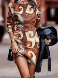 kkboxly Floral Full Printed Crew Neck Dress, Long Sleeve Casual Midi Dress, Women's Clothing