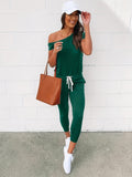kkboxly  Solid Slanted Shoulder Jumpsuit, Casual Short Sleeve Drawstring Long Length Jumpsuit, Women's Clothing