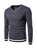 kkboxly  Men's Colorblock Autumn Winter Warm V-Neck Long Sleeve Sweatshirt