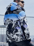 Men's Warm Winter Hooded Jacket, Casual Mountain Pattern Cotton Padded Coat For Outdoor Activities