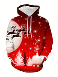 kkboxly  Christmas Elk& Santa Print Hoodie, Cool Hoodies For Men, Men's Casual Graphic Design Pullover Hooded Sweatshirt With Kangaroo Pocket Streetwear For Winter Fall, As Gifts