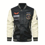 kkboxly  Men's Casual Pockets "R" Print Zipper Long Sleeves Baseball Collar PULeather Jacket