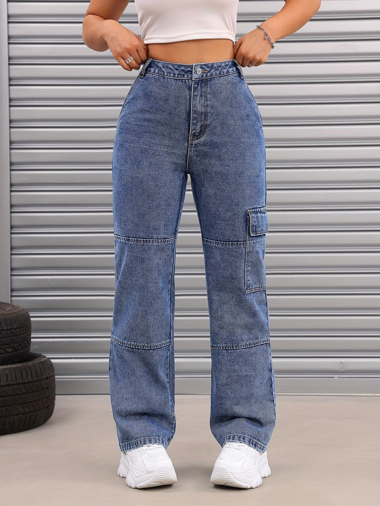 kkboxly  Loose Fit Casual Straight Jeans, Flap Pockets Non-Stretch Denim Pants, Women's Denim Jeans & Clothing