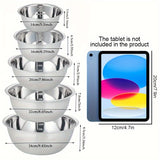 kkboxly 5pcs Stainless Steel Mixing Bowl Set With Measurements - Mirror Finish, Dishwasher Safe, Deep Sides For Salads & Kitchen Use