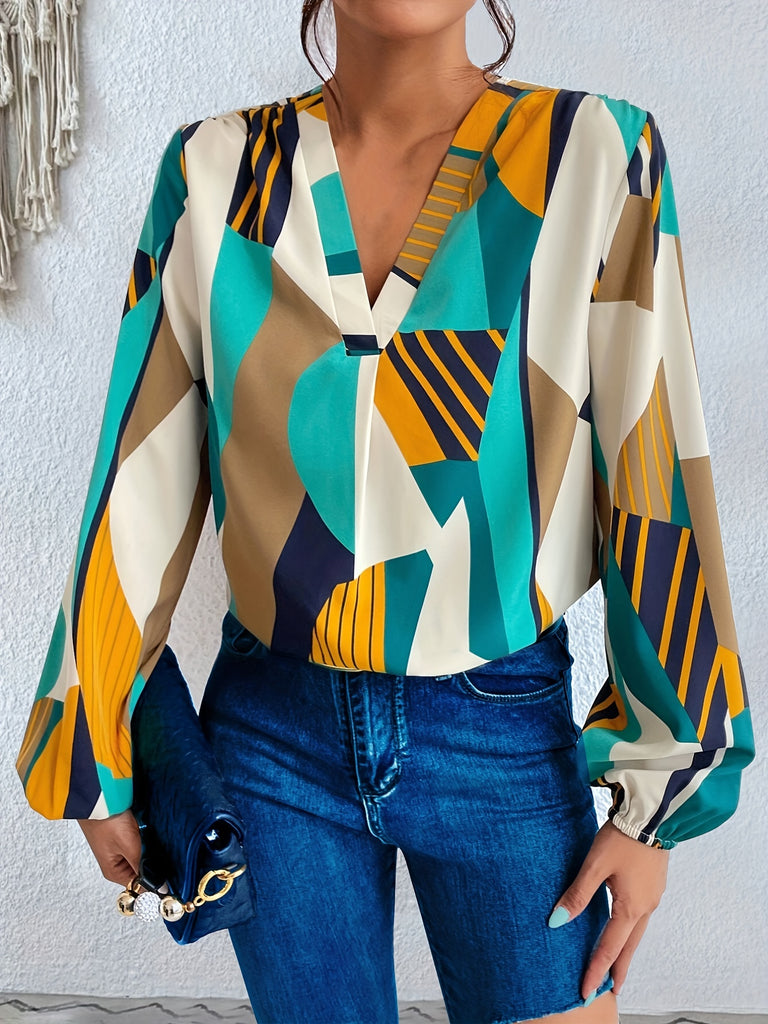 kkboxly  Geo Print V-neck Blouse, Casual Long Lantern Sleeve Blouse For Spring & Fall, Women's Clothing