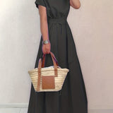 kkboxly  Round Neck Big Swing Dress, Casual Solid Color Belt Waist Summer Solid Trapeze Dresses, Women's Clothing