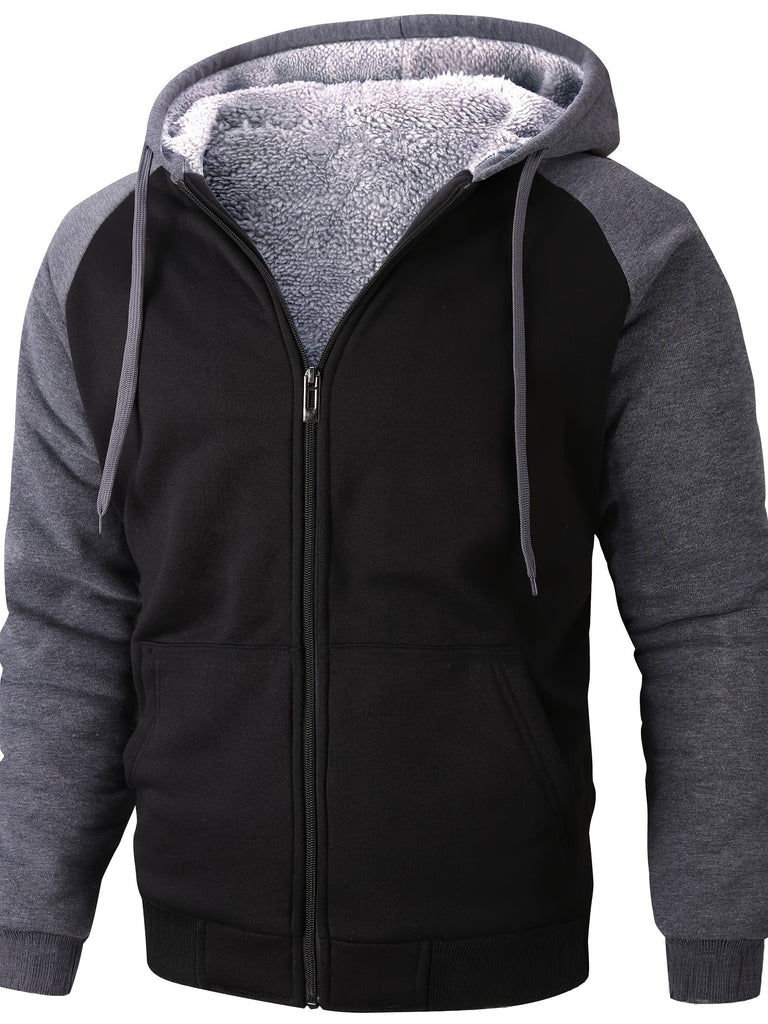 kkboxly  Color Block Sherpa Lined Men's Hooded Jacket Casual Long Sleeve Hoodies With Zipper Gym Sports Hooded Coat For Spring Fall