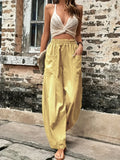 2025 kkboxly  Boho Solid Elastic Waist Harem Pants, Casual Long Length Baggy Pants With Pockets For Spring & Summer, Women's Clothing