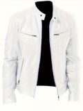 kkboxly  Zipper Pockets PU Jacket, Men's Casual Solid Color Zip Up Stand Collar Faux Leather Jacket For Spring Fall