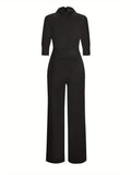 kkboxly  Solid Tie Waist Jumpsuit, Elegant Lapel Half Sleeve Jumpsuit, Women's Clothing