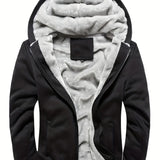 kkboxly  Warm Fleece Hooded Jacket, Men's Casual Zip Up Slant Pocket Jacket For Fall Winter