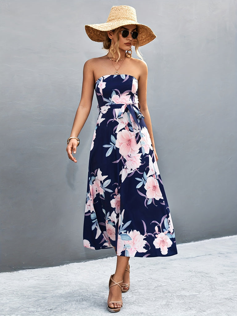 kkboxly  Vintage Floral Print Tube Dress, Elegant Off Shoulder Sleeveless Summer Dress, Women's Clothing