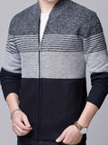 kkboxly  Color Block Warm Zip Up Jacket Sweater, Men's Casual Stand Collar Mid Stretch Cardigan For Fall Winter