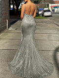 kkboxly  Glitter Sequin Slip Sleeveless Backless Maxi Dress, Slim Elegant Ruffled Cocktail Party Guest Evening Gown Mermaid Dress, Women's Clothing
