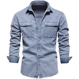kkboxly  Men's Denim Shirt Solid Color Thick Long Sleeve Button Down Shirt Spring Autumn Jeans Shirt