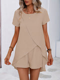 kkboxly  Solid Casual Two-piece Set, Short Sleeve Asymmetrical Hem Long Length T-shirt & Elastic Waist Shorts Outfits, Women's Clothing