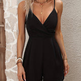 kkboxly  Solid V Neck Sleeveless Cami Jumpsuit, Casual High Waist Short Jumpsuit, Women's Clothing