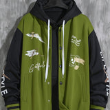 kkboxly Letter Print Varsity Jacket, Men's Casual Baseball Jacket Coat Regular Fit College Hipster Windbreaker For Spring Autumn