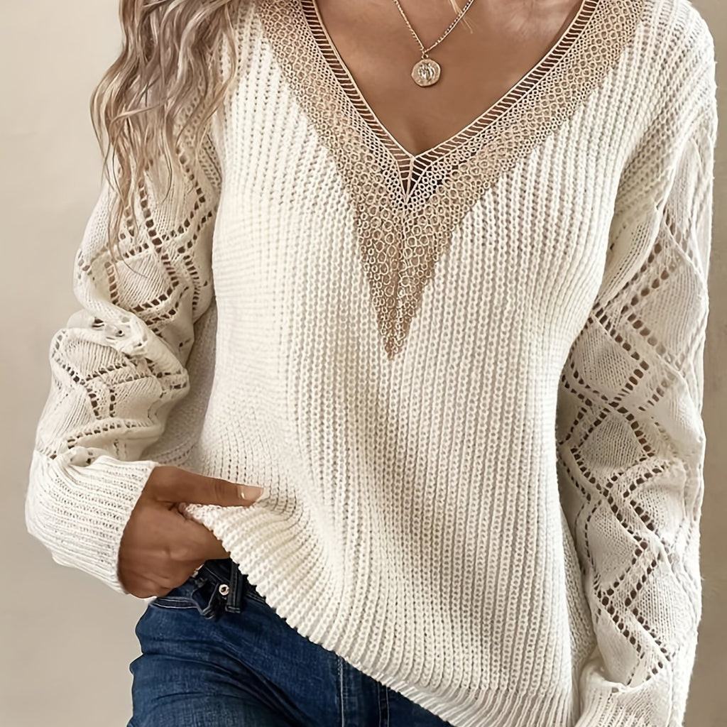 kkboxly  Solid V Neck Cut Out Drop Shoulder Sweater, Casual Long Sleeve Sweater For Spring & Winter, Women's Clothing