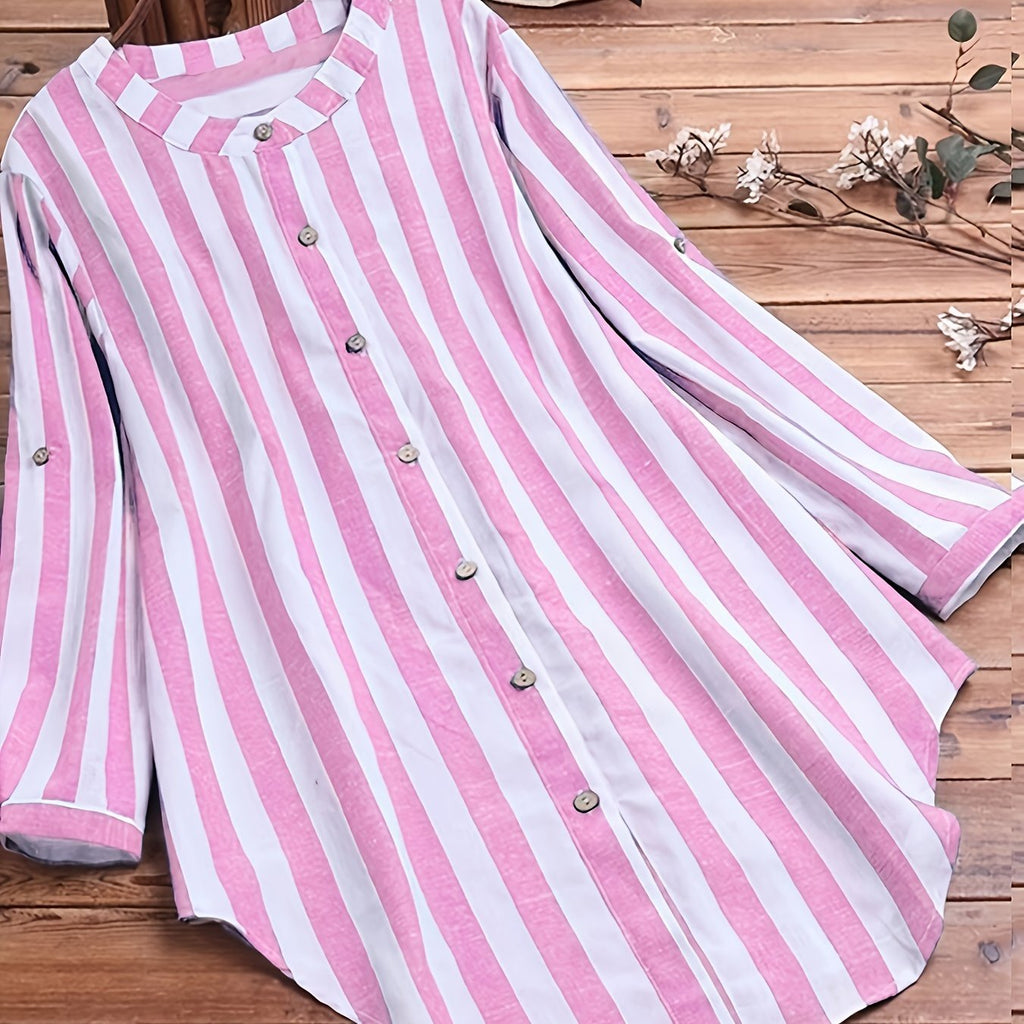 kkboxly  Plus Size Casual Blouse, Women's Plus Stripe Print Button Up Round Neck Long Sleeve Blouse