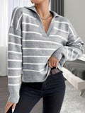 kkboxly  Striped Print Drop Shoulder Knit Sweater, Casual V Neck Long Sleeve Sweater, Women's Clothing