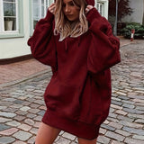 realaiot  Solid Drawstring Hoodie, Casual Long Sleeve Drop Shoulder Hoodie, Women's Clothing