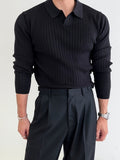 kkboxly  Solid Chic Knit Shirt, Men's Casual Lapel Slightly Stretch V-Neck Pullover Sweater For Autumn Winter