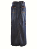 Blue Flap Pockets Cargo Denim Maxi Skirt, Raw Hem Single-Breasted Button Retro Denim Skirt, Women's Denim Clothing