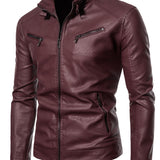 realaiot  Men's Casual Pu Leather Jacket, Chic Stand Collar Biker Jacket