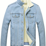 kkboxly  Men's Casual Warm Fleece Button Up Jacket, Street Style Jacket For Fall Winter