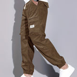 kkboxly  Men's Stylish Solid Corduroy Cargo Joggers With Pockets, Causal Breathable Drawstring Men's Bottom Clothing For City Walk Street Hanging Outdoor Activities