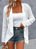 kkboxly  Plus Size Casual Coat, Women's Plus Solid Eyelet Embroidery Jacquard Roll Up Long Sleeve Open Front Cardigan Overcoat