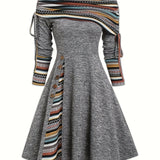 Ethnic Print Drawstring Aline Dress, Vintage Off Shoulder Button Decor Dress For Spring & Fall, Women's Clothing