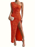 kkboxly  Sequined One Shoulder Split Dress, Elegant Bodycon Dress For Party & Banquet, Women's Clothing