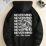 kkboxly  ''NEVER MIND'' Swirl Print Hoodies For Men, Graphic Hoodie With Kangaroo Pocket, Comfy Loose Trendy Hooded Pullover, Mens Clothing For Autumn Winter