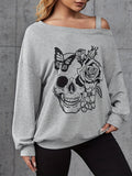 kkboxly  Skull & Floral Print One Shoulder Sweatshirt, Casual Long Sleeve Sweatshirt, Women's Clothing